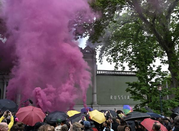 Pussy Riot and FEMEN protestors at the Russian pavilion at the 2026 Venice Biennale. License.