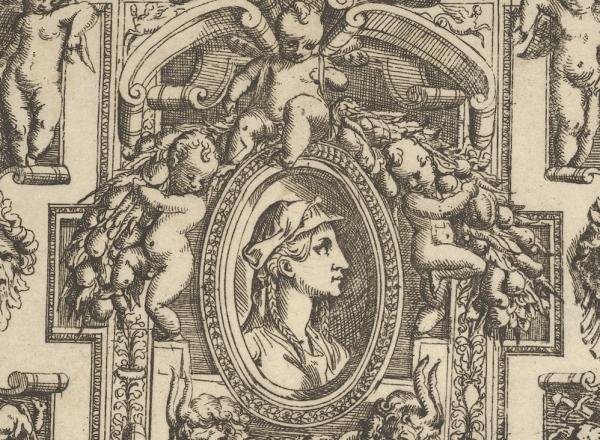 Battista Angolo del Moro, Bust of a woman in profile facing right, set within an elaborate frame with putti, ca. 1540–80. 