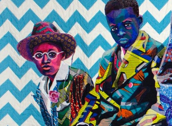 Bisa Butler quilted painting portrait of 5 young black boys depicted in bright colored fabrics