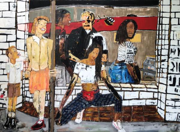 Brandon Landers painting of a group of people in front of a store window