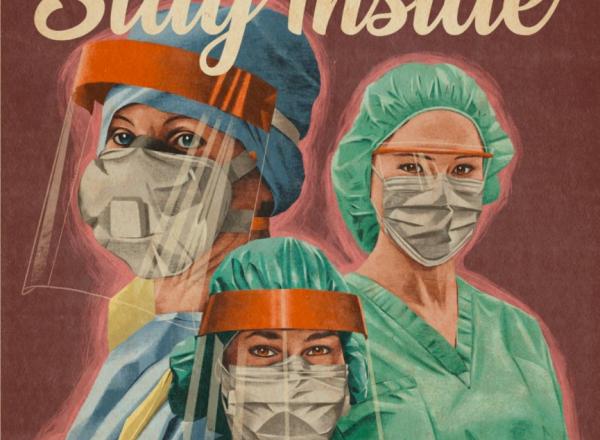 covid-19 propaganda-inspired poster, image of 3 healthcare workers in PPE, with text "for you! for them! for us! victory begins at home"