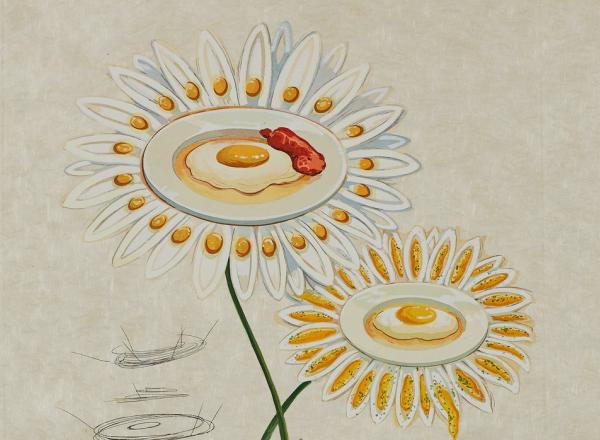 Salvador Dali print of surrealist flowers made of eggs and bacon