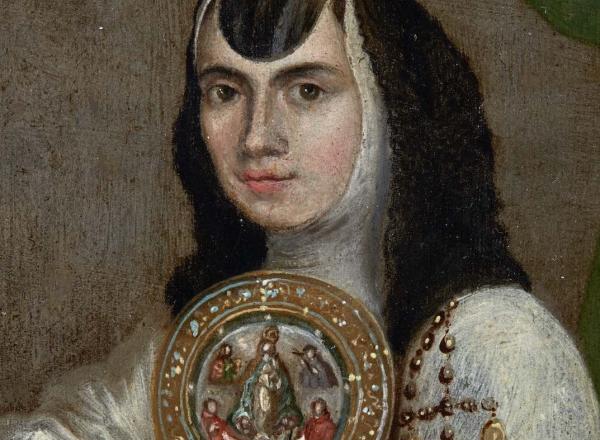 Detail of Portrait of Sor Juana Ines de la Cruz at the age of 25, Inscription in Latin: Ætatis sua 25.