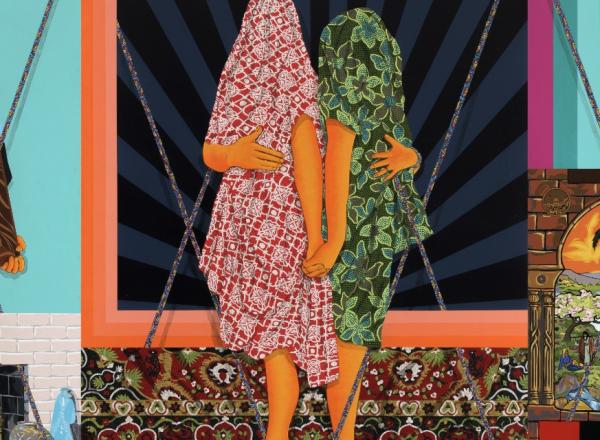 Amir H Fallah painting, two shrouded figures in the center with bright colors and patterns