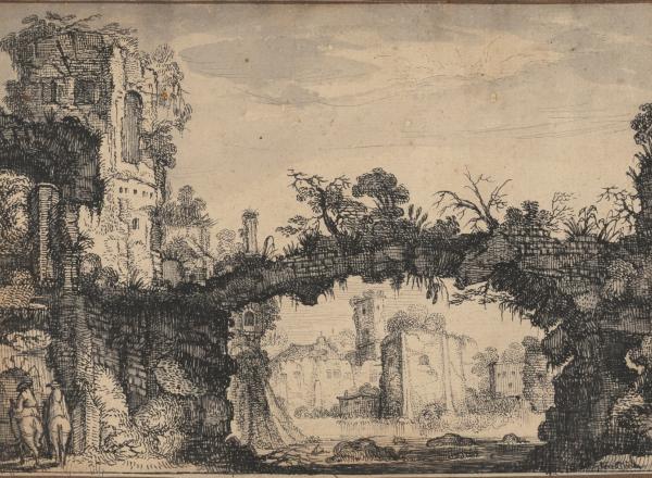 Jan van de Velde drawing of a natural bridge and building ruins