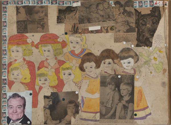 Henry Darger collage with drawing of little girls and photos