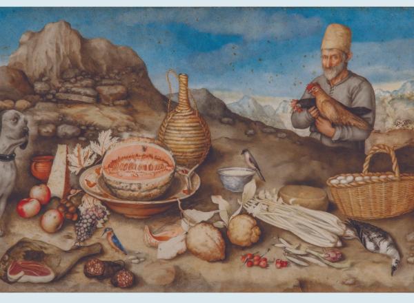 The Old Man of Artimino painting of a man with a picnic with mountains in the background