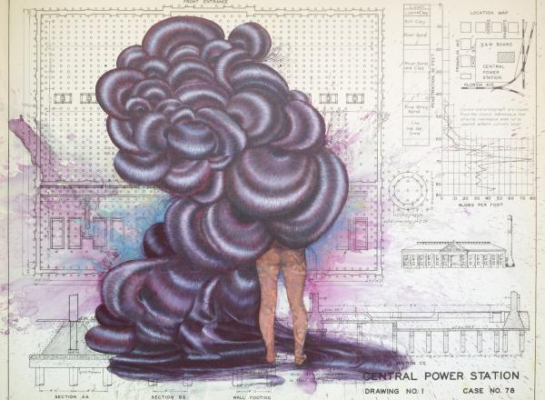 Firelei Báez painting onto top of an architectural drawing, showing a nude figure from behind, only the lower half of the their body visible, the top half is engulfed in billowing abstract black smoke