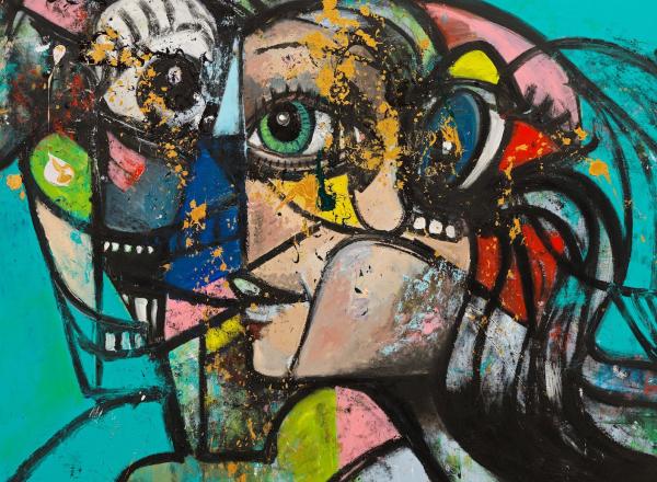 George Condo, Up Against the Wall, 2020. Acrylic, pigment stick, and metallic paint on linen. 82 x 80 x 1 3/8 inches.