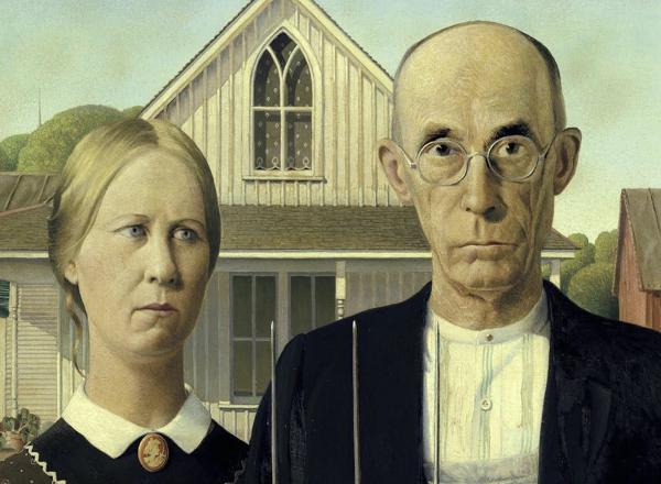American gothic, close up of two figures described in story. 