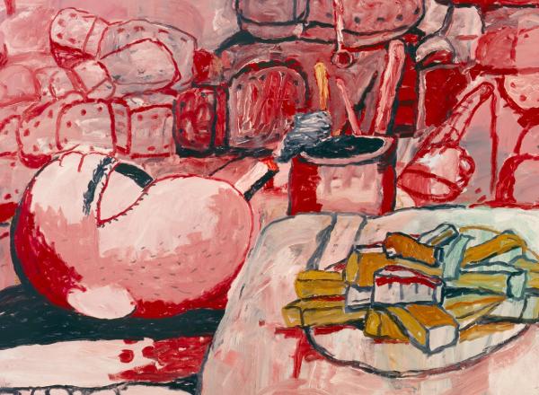 Philip Guston painting in pinks and red of a figure reclining in a bed with a plate of food on their chest