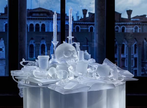 Hans Op de Beeck sculpture of many clear, frosted glass objects, including a skull and dishes