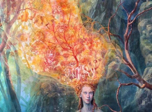 Julie Heffernan painting of a woman in a forest with her hair aflame