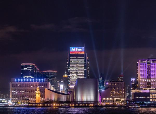 Hong Kong skyline with neon Art Basel sign