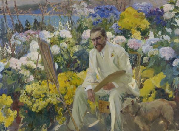 Joaquín Sorolla y Bastida painting of a man in all white seated at an easel amongst a flower bed with yellow and white blossoms