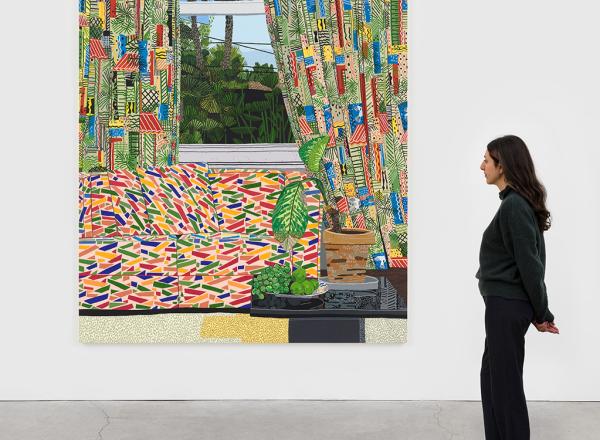 Jonas Wood, Patterned Interior with Mar Vista View, 2020. Oil and acrylic on canvas. 100 x 87 inches (254 x 221 cm).