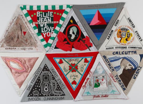 Judy Chicago triangular quilt blocks honoring female pioneers