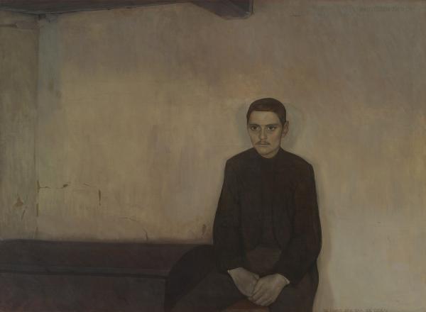 painting of a wan man in dark seated against a wall