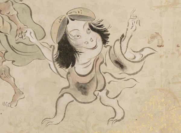 Kawaii detail of a little yokai girl from the Yoshimitsu Hyakki no Zu scroll, unknown author.