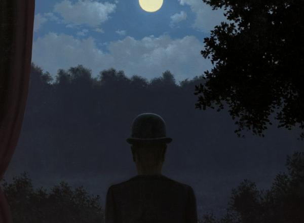 Rene Magritte painting of a man in a bowler hat silhouetted against trees at night with a full moon above