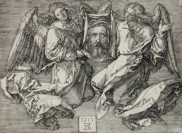 Albrecht Dürer (German, 1471 - 1528), The Sudarium, Displayed by Two Angels, 1513. Engraving. Los Angeles County Museum of Art, Los Angeles County Fund.