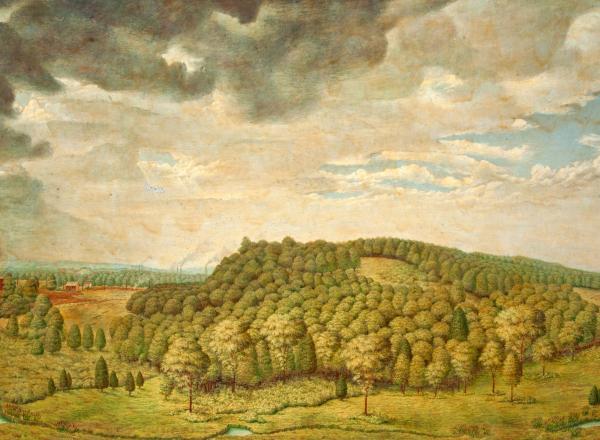 John G. Matilus landscape painting of a tree-covered grassy hill under a cloud-filled sky