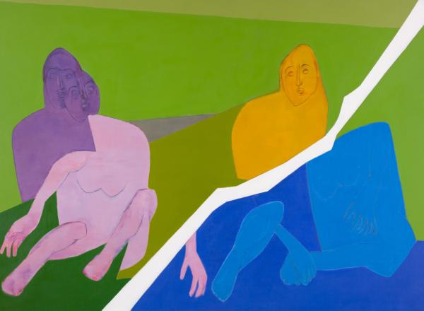 Tyeb Mehta painting of purple, yellow, and blue figures on green background