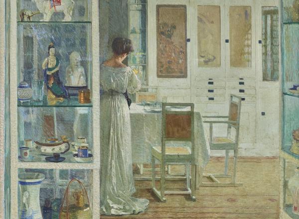 a woman stands in a bright, white interior. painted in the impressionist style