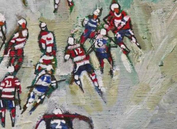 abstracted figures playing hockey, rendered to emphasize movement 