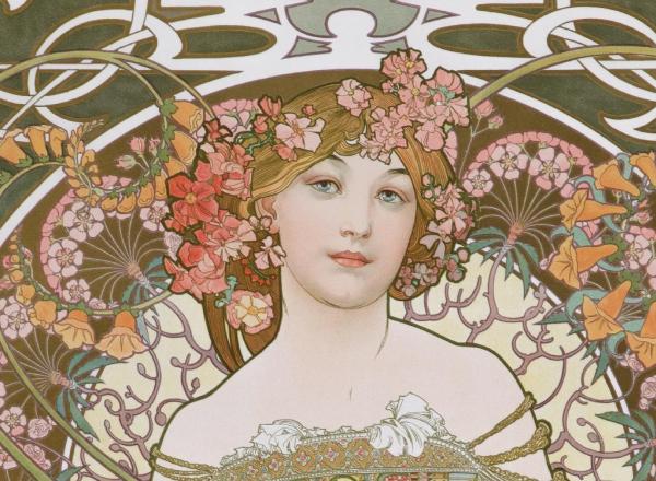 Mucha poster of a woman surrounded by flowers