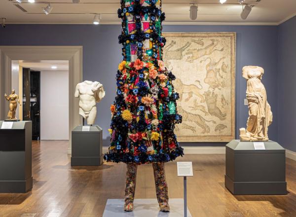 Nick Cave (b. 1959. Lives and works in Chicago), Soundsuit 8:46, 2021. Mixed media including vintage textile and sequined appliqués, metal, and mannequin.
