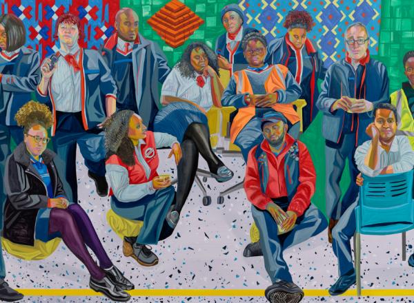 Aliza Nisenbaum large painting of many subway workers in their uniforms