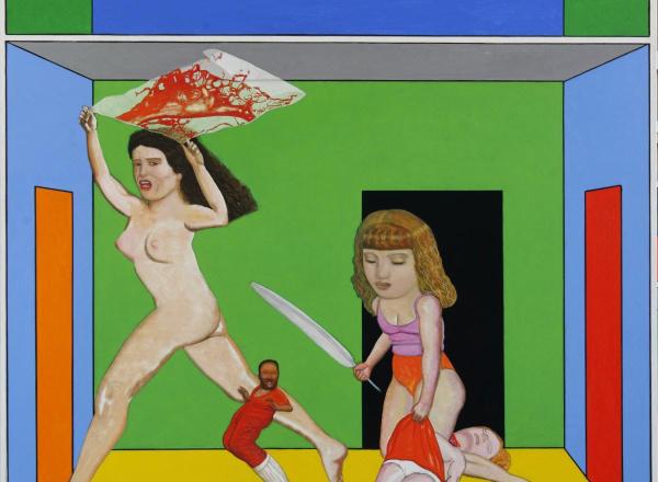 Pat Andrea painting of a two women in a brightly colored room, one holds a knife the other is nude