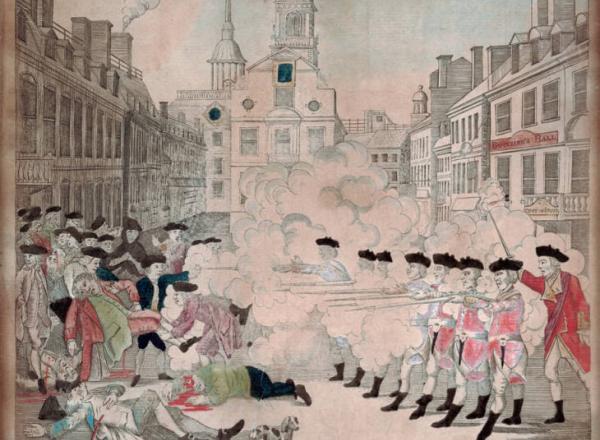 Paul Revere, Boston Massacre, 1770. Engraving, hand-colored. Courtesy Collection of the Boston Athanaeum.