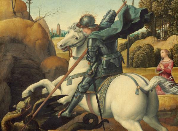 Raphael, Saint George and the Dragon, 1506. Oil on panel. 11.22 x 8.46 in (285 x 215 cm). National Gallery of Art, Washington D.C. 