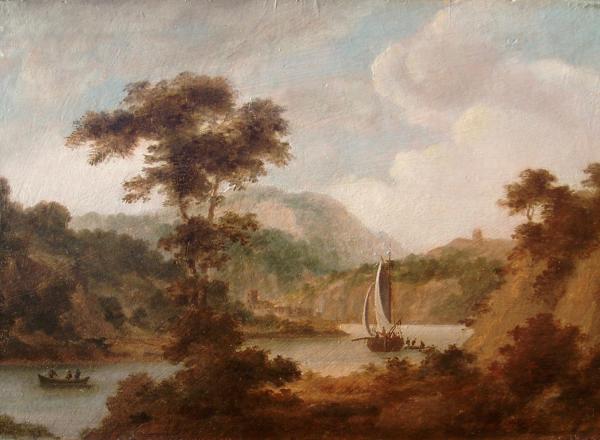 Thomas Jones landscape painting of a sailboat on the river wye