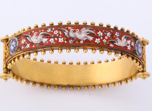 Victorian Period Bracelet, England circa 1870. 18kt Gold & Micro Mosaic. Offered by James Robinson.