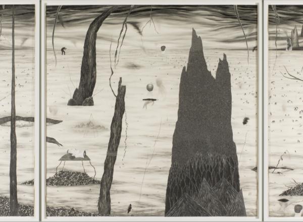 Robyn O’Neil black and white drawing of an alien landscape