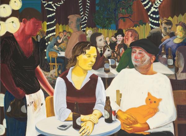 Nicole Eisenman (b. 1965, Verdun, France; lives in Brooklyn, NY), Beer Garden with Ulrike and Celeste, 2009. Oil on canvas; 65 × 82 in. (165.1 × 208.3 cm). Hall Collection. 