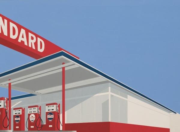 Ed Ruscha. Standard Station, Ten-Cent Western Being Torn in Half. 1964. Oil on canvas, 65 × 121 1/2” (165.1 × 308.6 cm). Private Collection. 