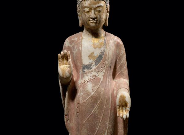 Standing Buddha, Northern Qi Period, 550-577 CE, H: 42 in, Marble with Gilt and Polychrome, detail.