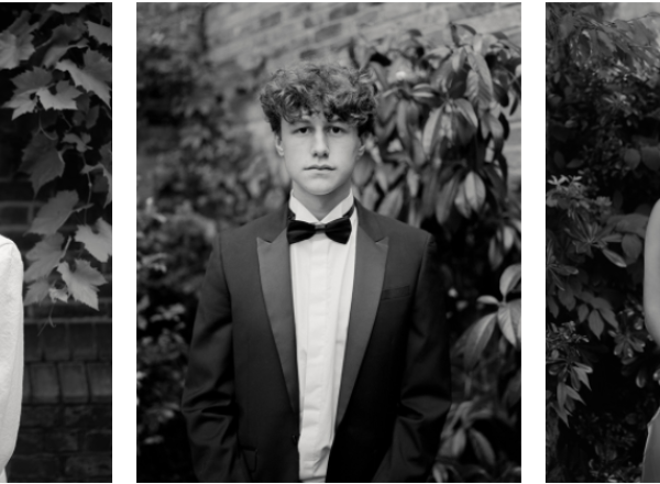 three black and white portraits of young people in formal wear