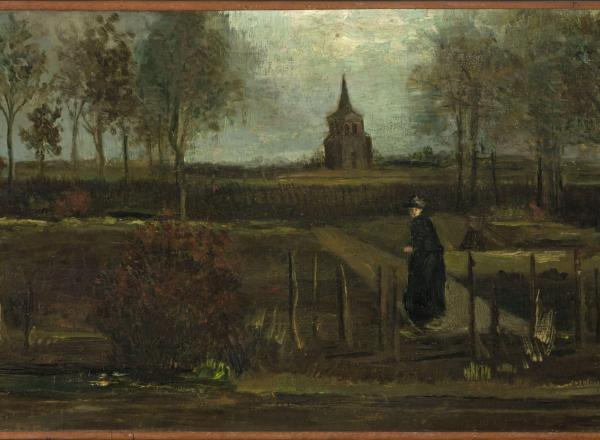 van gogh landscape of a lone figure with church ruins in the background