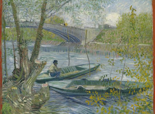 Van Gogh painting of two small fishing boats on a river in spring with a bridge in the background