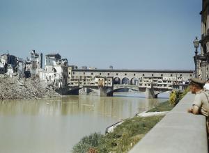 British officer views the damage to the Ponte Vecchio from the east just after the liberation of Florence on August 11, 1944, during World War II
