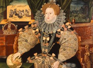 Unknown English artist, Armada Portrait, 1588. Oil on oak panel, 52.3 x 105cm (205/8 x 413/8in). Woburn, Bedfordshire, England, Woburn, Abbey