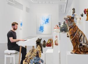 Installation view of Oliver Beer's Resonance Paintings - Cat Orchestra at Almine Rech Tribeca, March 14, 2024