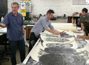 Printmaker Bill Fick with his prints at Maryland Institue College of Art (MICA).