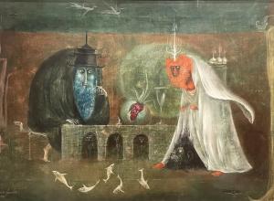 Leonora Carrington, Rabinos (the Rabbis), 1960. Oil on Canvas. 15 1⁄4 x 23 1⁄4 in. (38.735 x 59.055 cm). © Leonora Carrington / Arts Rights Society (ARS), New York.