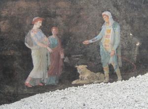 A new fresco uncovered from a house in Regio IX (region 9) at the city of Pompeii depicting Paris of Troy persuading Helen to run away with him, thus providing the catalyst for the Trojan War. These new frescoes are some of the finest examples to date and showcase details often lost over time in other ancient paintings.